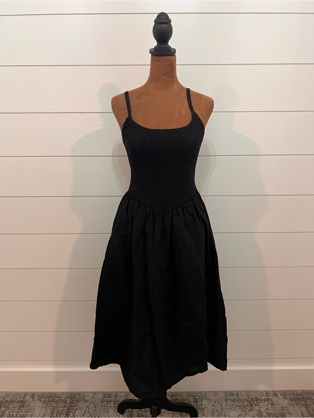 Steve Madden Black Smocked Midi Dress with Spaghetti Straps
